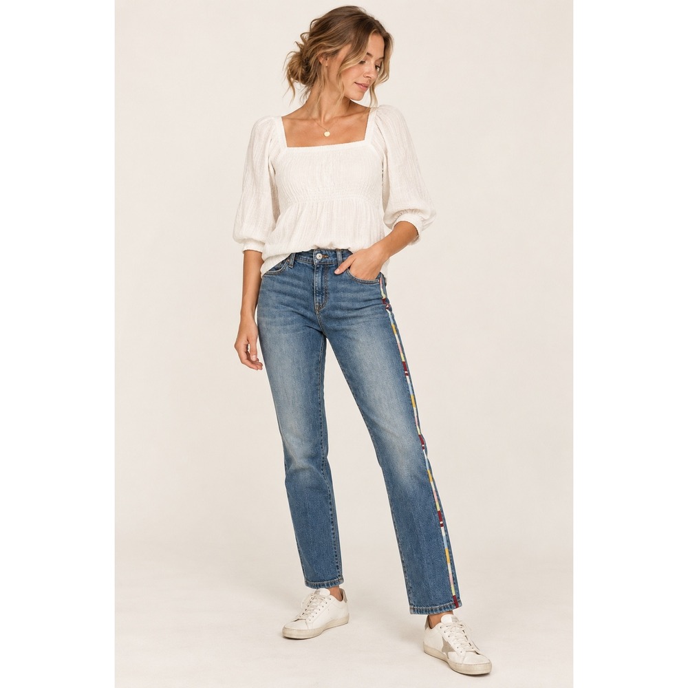 PILCRO Co Women Blue Denim Jeans Colorful Side Stripe Slim Ankle Size 26 MidRise